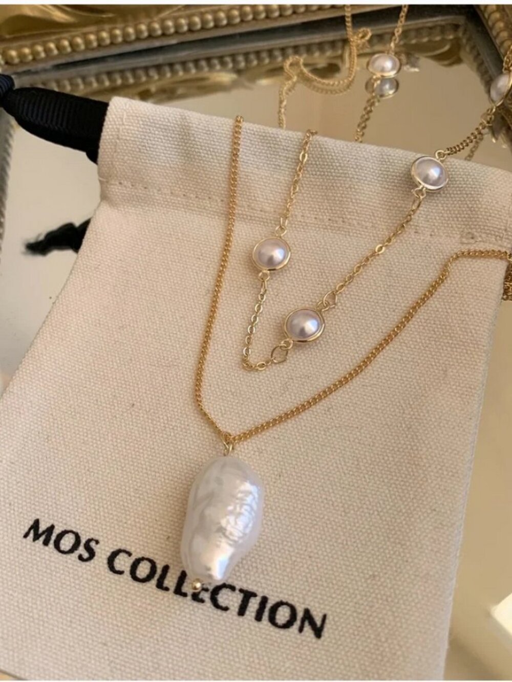 MOS Collection Freshwater Baroque Pearl Pendant Necklace Gold Tone Layered Pearl
